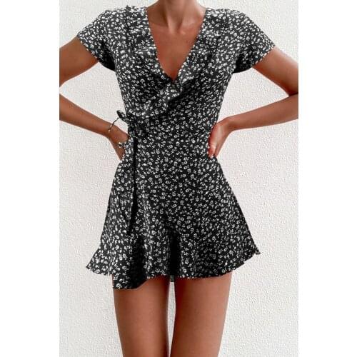 2021 Women Dress Boho Floral Ruffle Short Mini Dress Summer Knot Sexy V-neck Party Holiday Dress Femme Vestido De Mujer