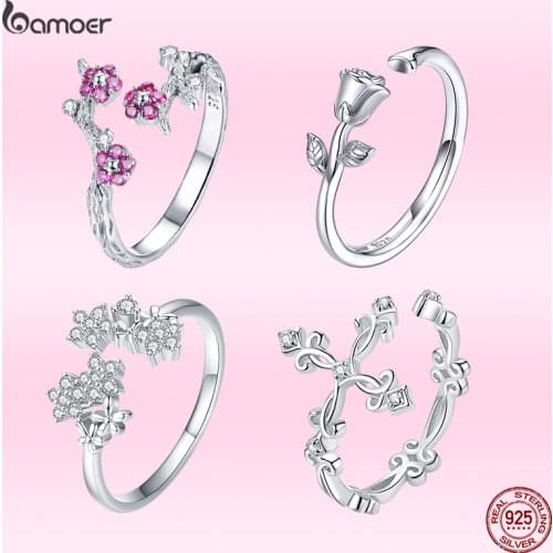 Bamoer Wild Rose Adjustable Finger Ring Garden Blossom Flowers Series Original Design 925 Sterling Silver Jewelry Suit for 56789