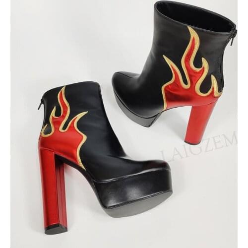 LAIGZEM Women Platform Boots Round Toe Block High Heels Back Zip Short Booties Ladies Unisex Shoes Woman Large Size 42 44 46 47