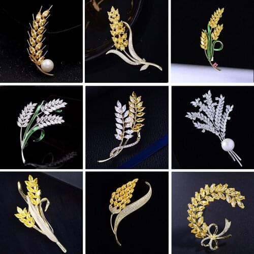 OKILY Delicate Many Style Winter Overcoat Sweater Christmas Accessories for Womens Jewelry Yellow Zircon Wheat Plant Brooch Pin