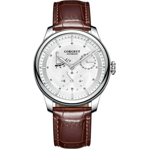 Mens Power Reserve Automatic Watches Top Luxury White Dail Leather Strap Stainless Steel Case Calendar Business Watch Man Clock