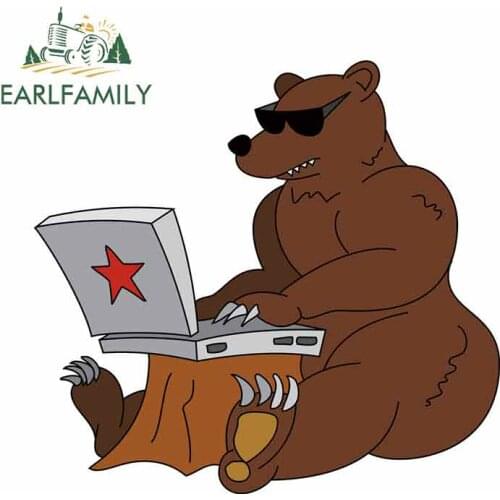 EARLFAMILY 13cm x 12.1cm for Russian Hacker Angry Brown Bear with Laptop Camper Truck Decal DIY Anime Decals Car Stickers Decor