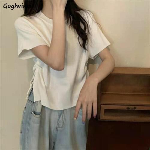Korean Style Shirring Split T-shirts Women Design Short Sleeve White T Shirt Sweet Students Elegant Leisure Outwear Slim Fairy