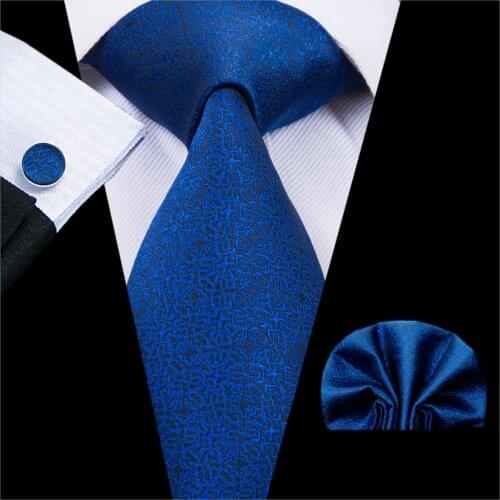 Hi-Tie Classic Mens Wedding Party Business Blue Tie Set Silk Mens Ties Floral Necktie Handkerchief Cufflinks Set 8.5cm C-3034