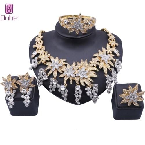 Women African Jewelry Sets Gold Color Crystal Bridal Wedding Elegant Romantic Necklace Earring Bangle Ring Party Jewelry Set