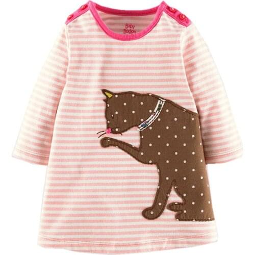 Little Maven Brand New Girls Autumn Spring Long-sleeved O-neck Fashion Striped Cartoon Cat Cotton Cute Casual Dresses