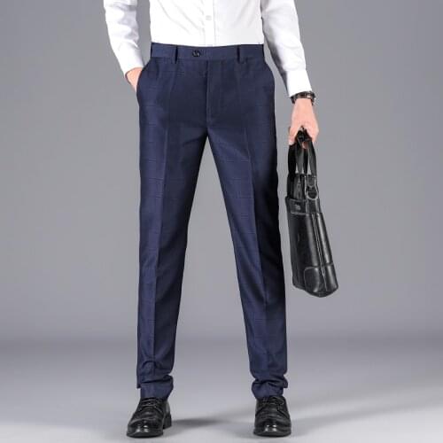 Mens Premium No-Iron Classic-fit Expandable-Waist Pleat-Front Pant 2021 Mens Fashion Lattice Suit Pants Business Trousers