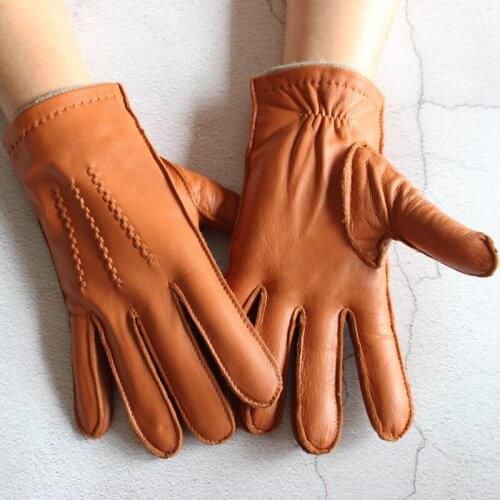 Bickmods New Mens Imported Leather Gloves 2 Colors Wool Lining Fashion Driving Hand-Sewn Goatskin Gloves