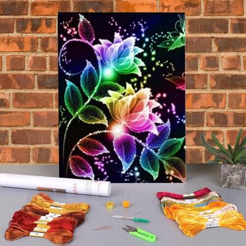 Colored Flowers Printed Canvas 11CT Cross Stitch Embroidery Kit DMC Threads Handicraft Painting Craft Knitting Different Floss