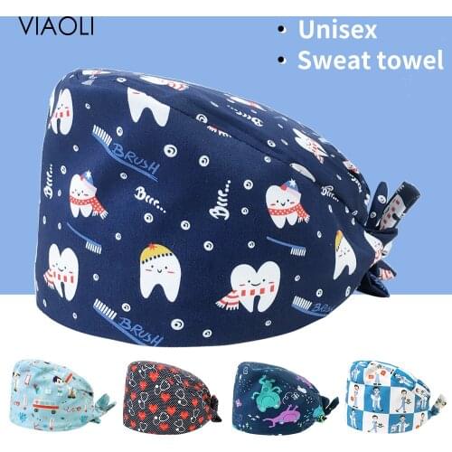 Wholesale price Unisex Cartoon Tooth Printing scrubs Caps Adjustable Lab Caps Cotton Female Cute Scrubs hat Pet Beauty Work Hats