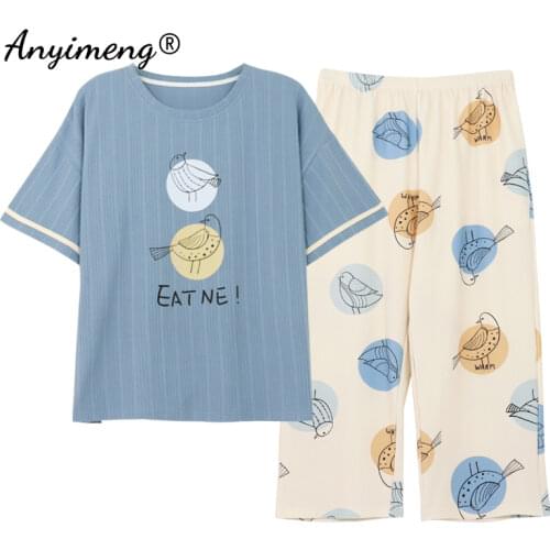 Cotton Womens Pajamas Soft Cotton Capris Two Pieces Elegant Floral Printing Multi Colors Big Size 3xl 4xl Leisure Sleepwear Pjs