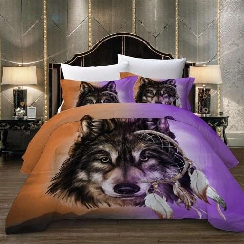 Wolf Feather Bedding Purple Gray Bed Cover Lion Animals Print Cartoon Quilt Cover with Pillowcase 2/3 Piece for Teens Boy Custom