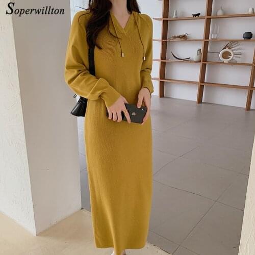 Casual Maxi Women Sweater Dress with hood Loose Autumn Long Knitted Dresses For Women chic Fashion Sweater robe Long Sleeve