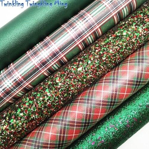 Christmas Glitter leather, Tartan Printed synthetic leather, Faux Leather Sheets For Bow A4 21x29CM Twinkling Ming KM215