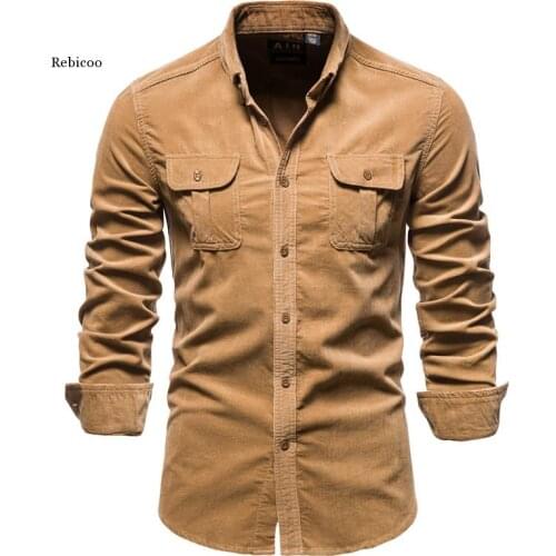 New Single Breasted 100% Cotton Mens Shirt Business Casual Fashion Solid Color Corduroy Men Shirts Autumn Slim Shirt Men