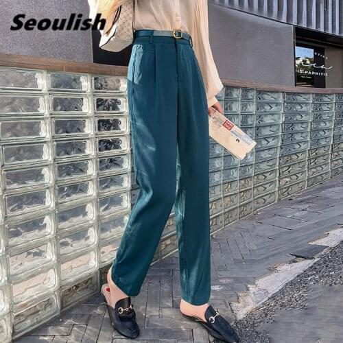 Seoulish 2021 New Casual Formal Women Straight Pants with Belt High Waist Female Workwear Elegant Trouses Pockets Spring Summer