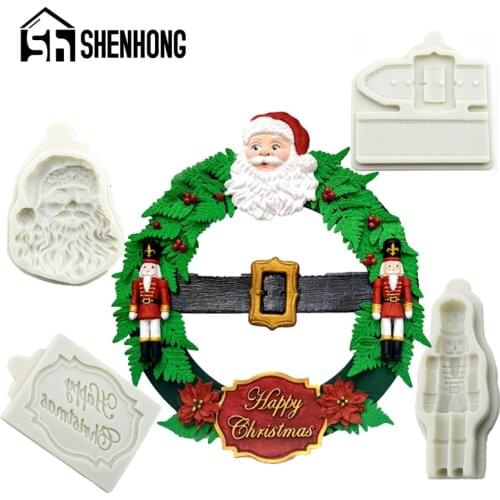 SHENHONG Santa Claus Silicone Fondant Cake Mold Alphabet Strap Christmas Pattern Biscuits Chocolate Sugar Craft Decorate Mould