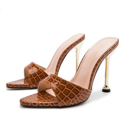 Women slippers Snake Print Strappy Mule high heels Slippers Sandals flip flops Pointed toe Slides Party shoes Woman