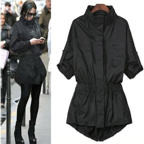 2019 Spring Autumn Trench Coat Fashion Women Elastic Waist Windbreakers Plus Size 4XL Turtleneck Black Streetwear Outerwear