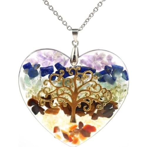 FYJS Unique Light Yellow Gold Color Love Heart Rainbow Stone and Resin Pendant Link Chain Necklace Tree of Life Jewelry