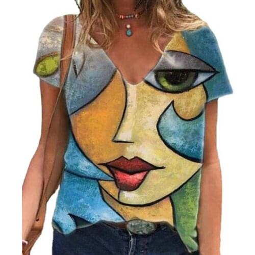 Women T-shirt Cartoon Print Y2K Style Streetwear V Neck Loose Pullover for Dating