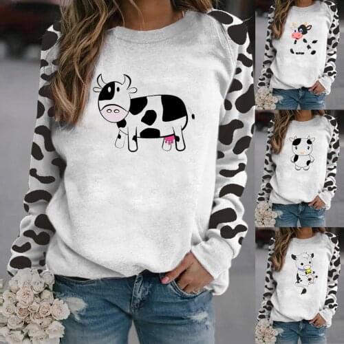 Ladies Fashion Casual Sweater Cow Print Long Sleeve O-Neck Loose Sweatshirt Top Cow Print Sweater anime hoodie толстовка худи 6