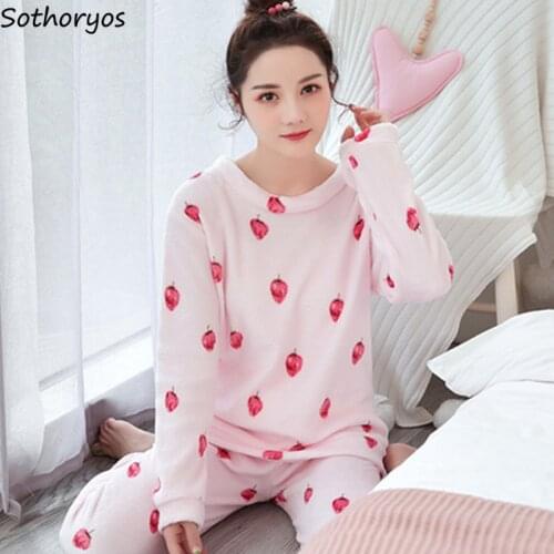 Pajama Sets Women Leisure Coral Velvet Daily Thickening Warm Korean Style Womens Soft O-neck Elegant Sleepwear New Printed Loose