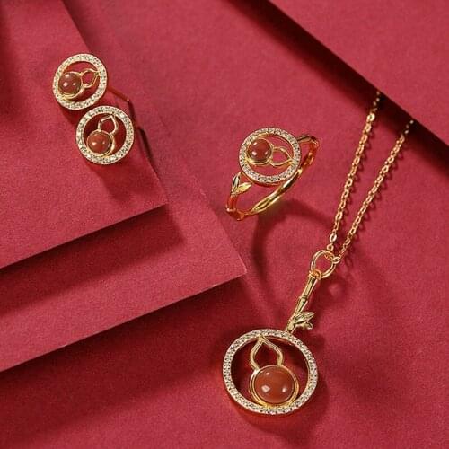 S925 sterling silver gold plated southern red agate stud earrings vintage bamboo leaf gourd womens rings pendants earrings