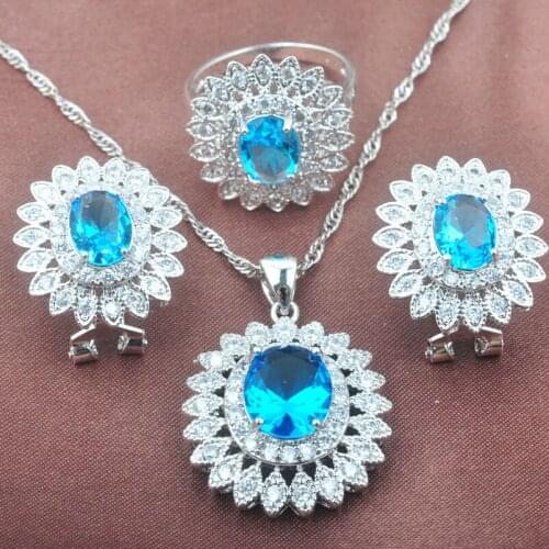 2021 Fashion Sky Blue Zirconia White CZ Womens Silver Color Jewelry Sets Necklace Pendant Earrings Ring TZ0447