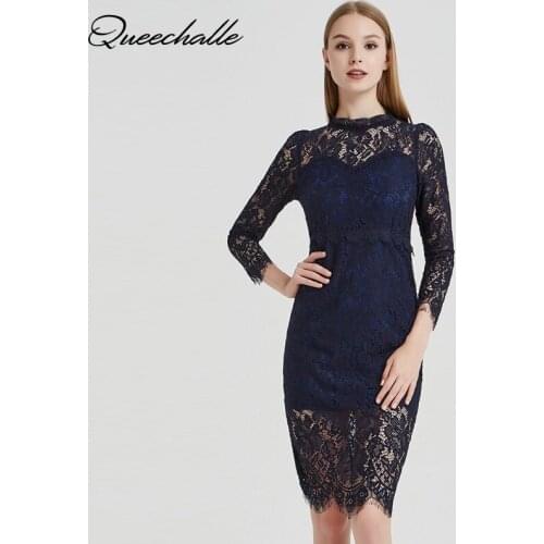 Queechalle Retro Lace Dress Autumn Womens Sexy Hollow out Long Sleeve Slim Dress Bodycon Party Dress Navy color Elegant Vestido