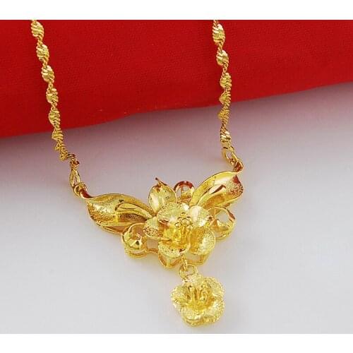 Women Luxury Exquisite Flower Pendant Necklace 24K Gold Plating Water-wave Chain Yellow Gold Color Necklaces for Women Girls