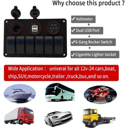 6 Gang Blue LED Rocker Switch Voltmeter Dual USB Cigarette Lighter Panel