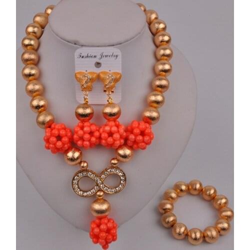 African Dubai Gold Pink Coral Beads Jewelry Set Nigerian Wedding Set Bridal Jewelry Sets 44-T-02