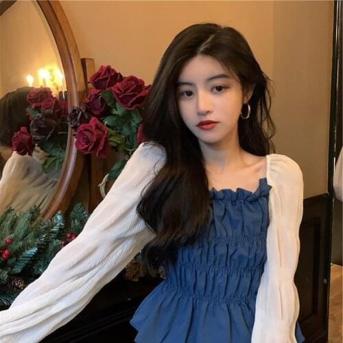 Blouse Women Autumn Winter Square Collar Chiffon Long Sleeve Stitching Shirt Women High Waist Crop Top Blusas Mujer De Moda