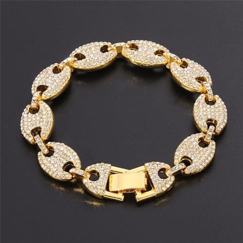Alloy Rhinestone Hip hop Bracelet Iced Out CZ Coffee Bean Pig Nose Charm Link Punk Choker Chain Bling Jewelry for Mens