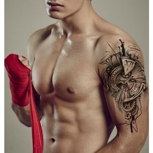 Clock Gears Tattoos Stickers Fake Fragmented English Letters Waterproof Temporary Tattoo for Women Men Black Cool Totem Tatoo