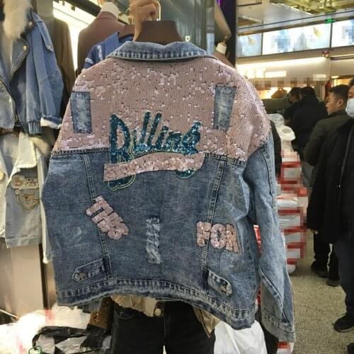 Denim Women Jacket Autumn New Spring Vintage Sequins Pink Shiny Loose Coat Long Sleeve Outerwear Female Jacket femme veste Y674