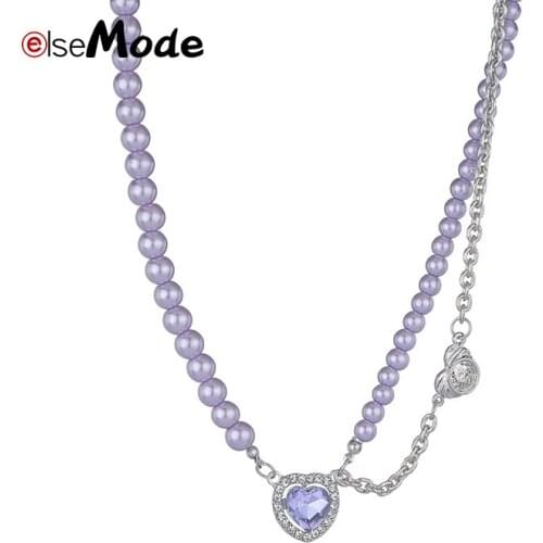 ELSEMODE Luxury Purple Heart Crystal Women Pearl Beads Choker Wedding Jewelry Stainless Steel Necklace For Engagement Gift