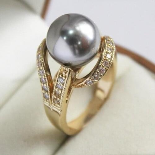 Cute ladys beautiful crystal decorated &12mm gray shell pearl ring (#6 7 8 9) Genuine Handmade Women Gift word 925