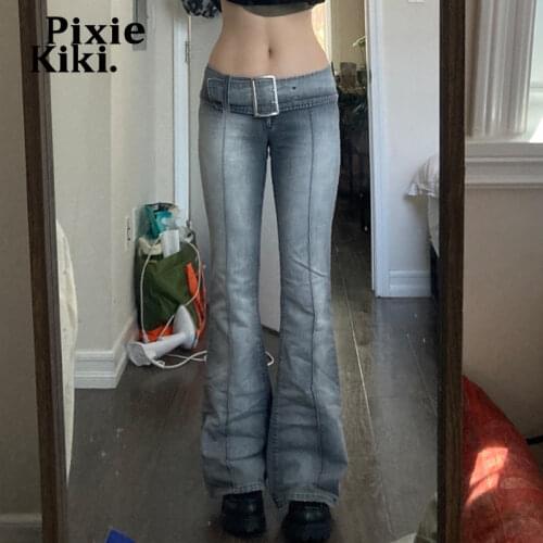 PixieKiki Trendy Vintage Belted Low Rise Jeans Y2k Clothing Indie Aesthetic Denim Trousers Egirl Sexy Flare Pants P84-EG30