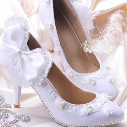 Fashion Woman Bridal Shoes Lady Bowtie Party Prom Shoes High Heel Eveningclub Shoes White Rhinestone Woman Wedding Shoes