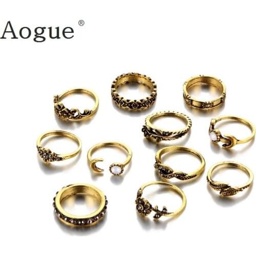 11 Pieces Retro Bohemian Golden & Silver Sun Moon Leaf Rings Set With Rhinestone Hollow Carved Midi Titan Ring Sets Stackable