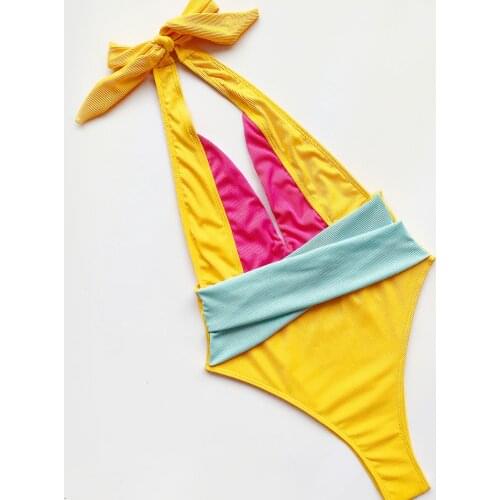 2021 New Sexy One Piece Swimsuit Women Solid Swimwear Bodysuit Swimsuit contrast color Bathing Suit Summer Beachwear s/m/l