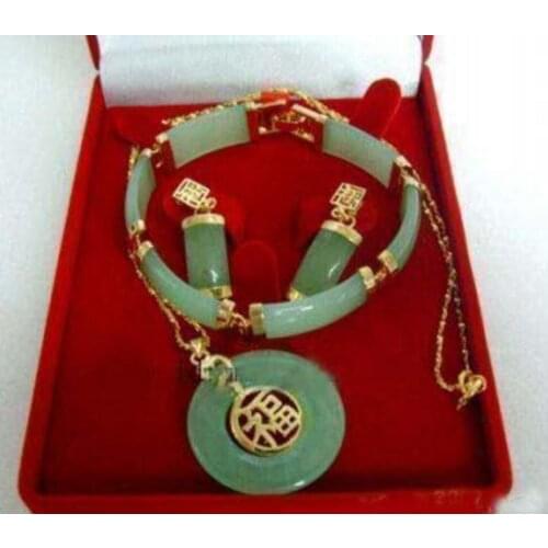 New Noblest green jade link pendant bracelet earrings Sets
