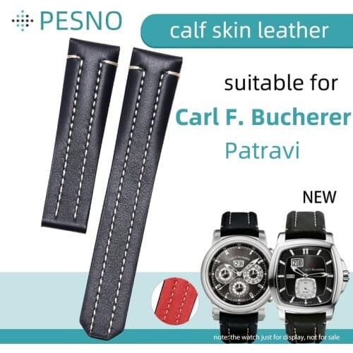 Pesno Suitable for Carl F. Bucherer Genuine Top Layer Leather Watch Bands 19mm20mm21mm Black with White Thread Calf Skin Leathe