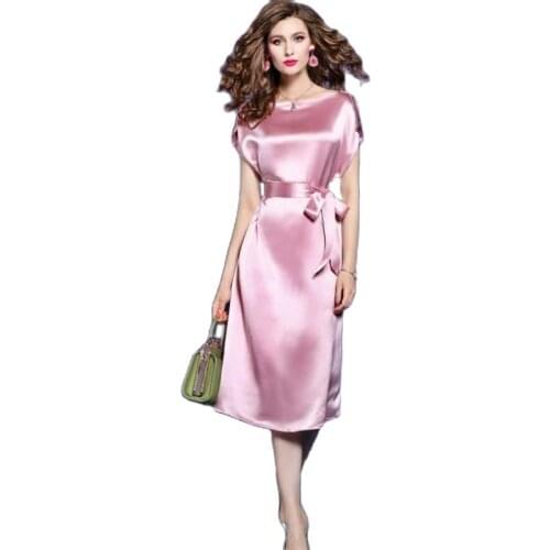 Summer Short sleeve Spaghetti Strap Black Silk Long Dress Sexy smooth Elegant Satin Loose Party Dress Woman Lace Midi Dresses