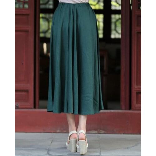 Chinese Women Summer Casual Cotton Linen Long Skirt Ladies' Pleated Skirt Vintage Flared Skirts S M L XL XXL 2522