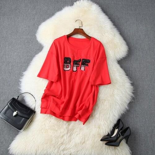 100% Cotton T-Shirt For Women Summer New Letters Beading Round Neck Drop Sleeves Loose Fashion Casual Tee Tops Female