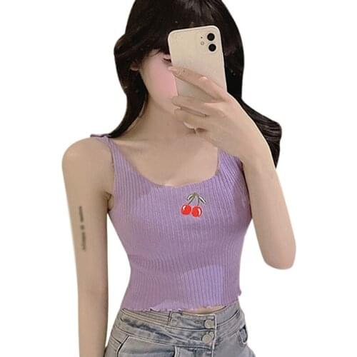 Womens Cherry Embroidery Vest Summer Sleeveless Sexy Slim Exposed Navel KnittedVest Tank Top