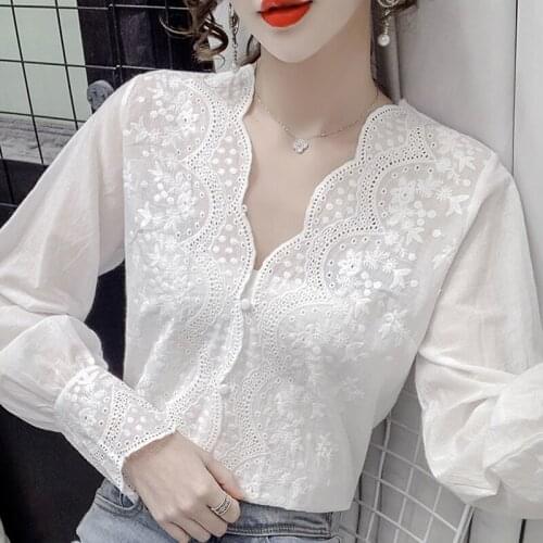 Autumn Long Sleeve Blouse Women Hollow V-Neck White Blouse Shirt Tops Women Blusas Mujer De Moda 2021 Blouses Femme Shirts F105